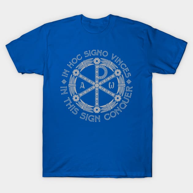 In Hoc Signo Vinces | In this Sign Conquer | Chi Rho | Grey on Blue T-Shirt by EkromDesigns